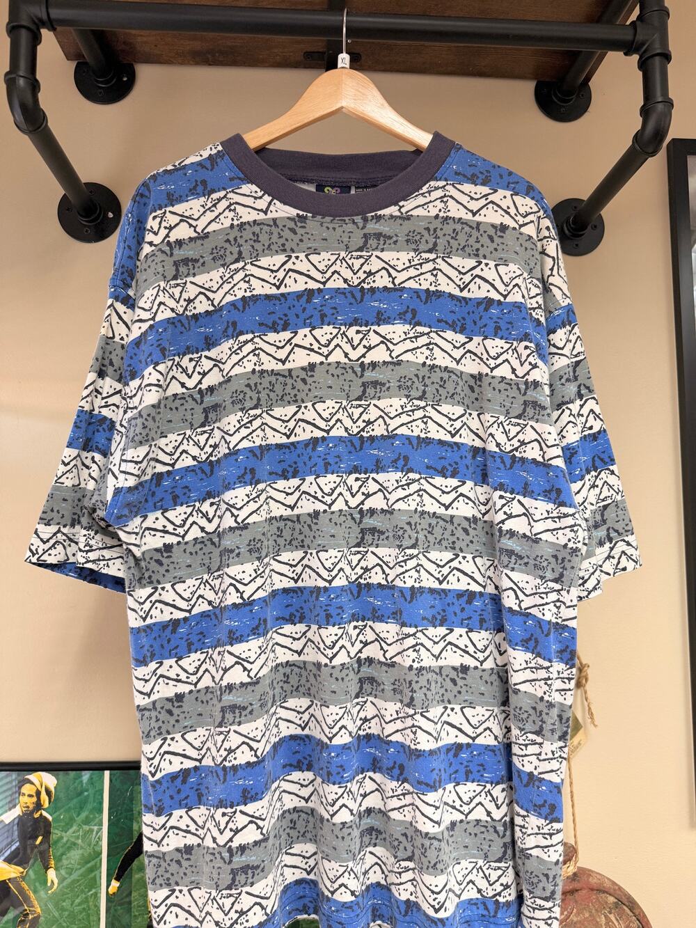 90s Shah Safari Vintage Striped Abstract All Over Print AOP Tee Shirt Stussy Art